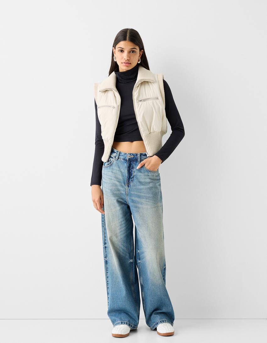 جاكيت فيست مضلع ممزوج بسحّاب-كريمي-3