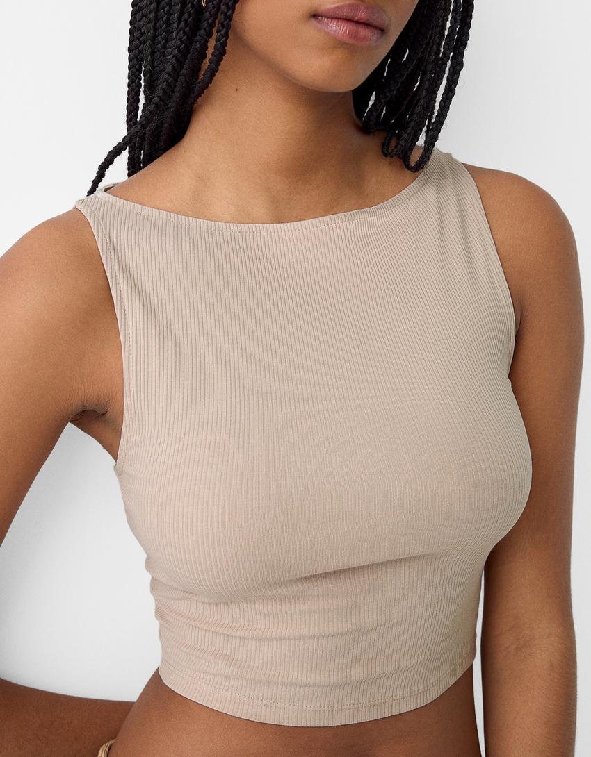 Sleeveless ribbed T-shirt-Camel-5