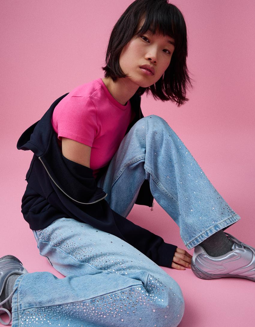 Jeans straight wide leg taille haute brillant-Bleu lavé