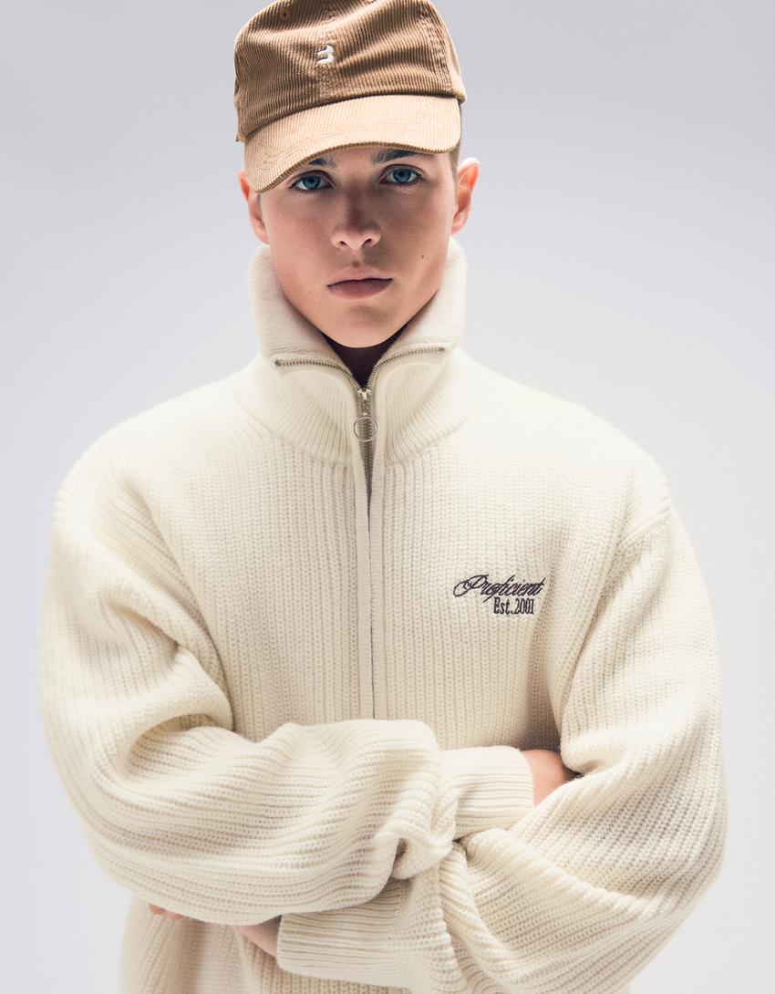 Veste zippée brodée-Blanc cassé