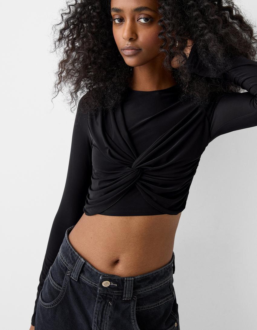 Long sleeve T-shirt with front knot-Black