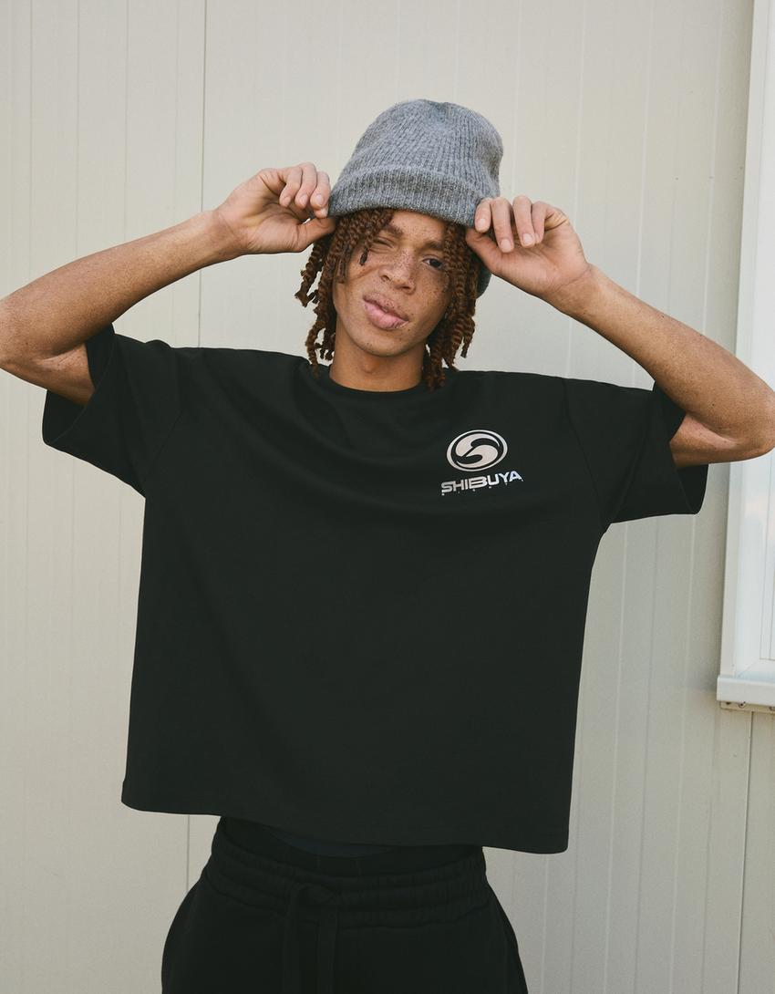 Boxy-fit short sleeve print T-shirt-Black