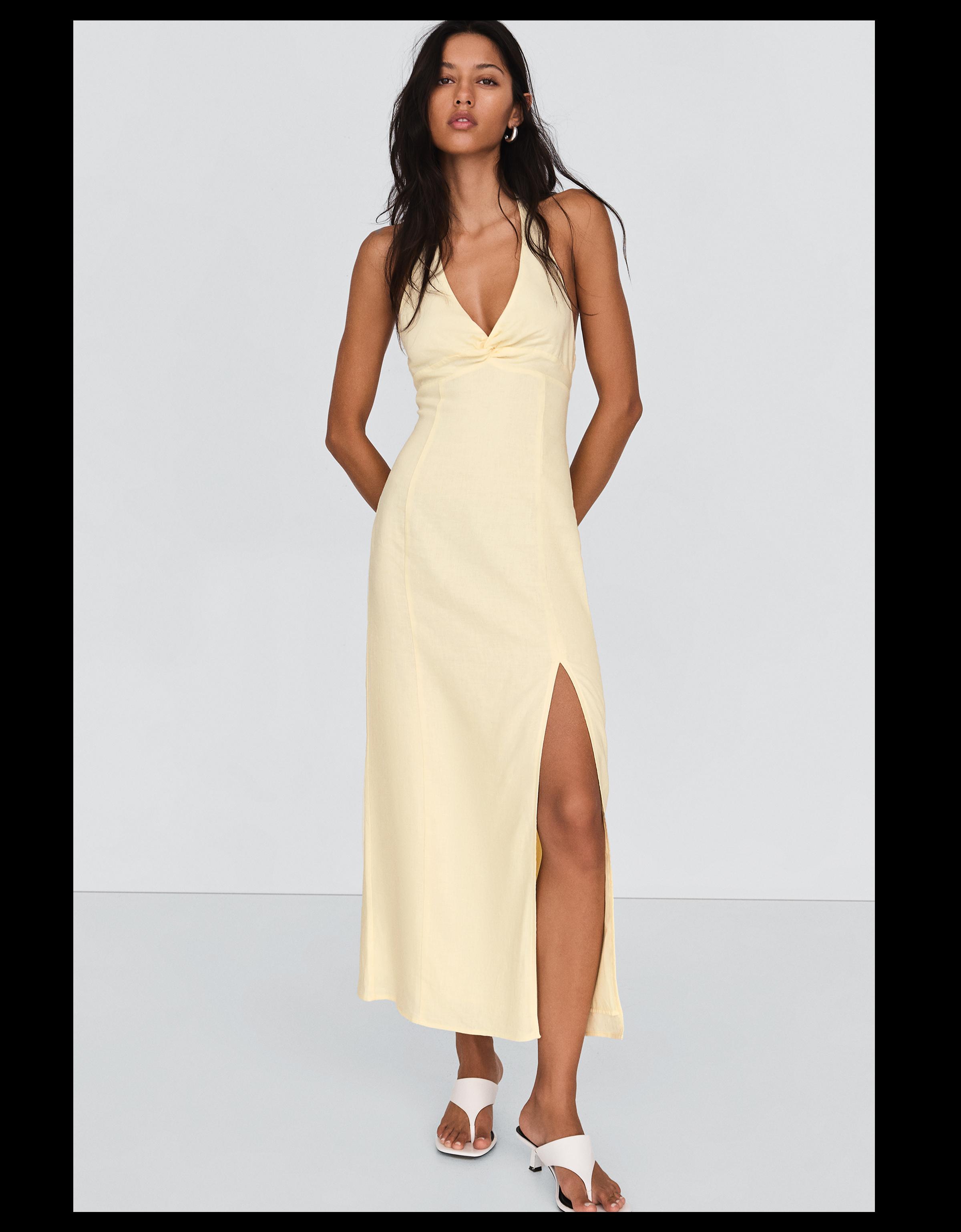 Ketenli halter midi elbise - Görsel 18