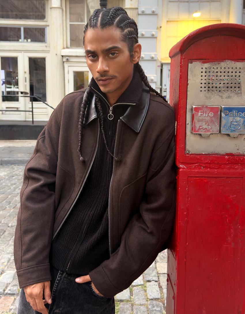 Synthetic wool jacket with contrast collar-Brown