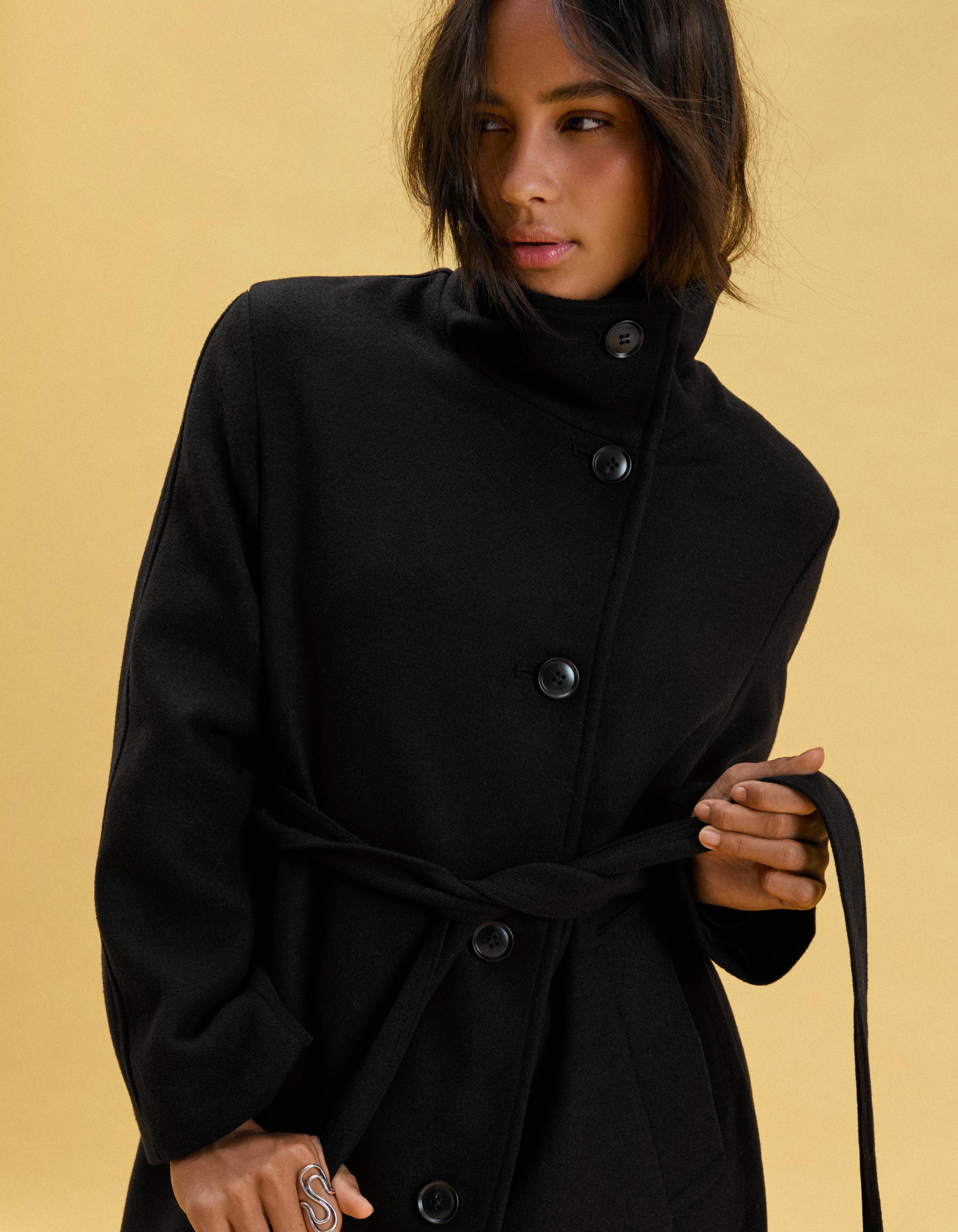 Long funnel neck coat with belt — Black
