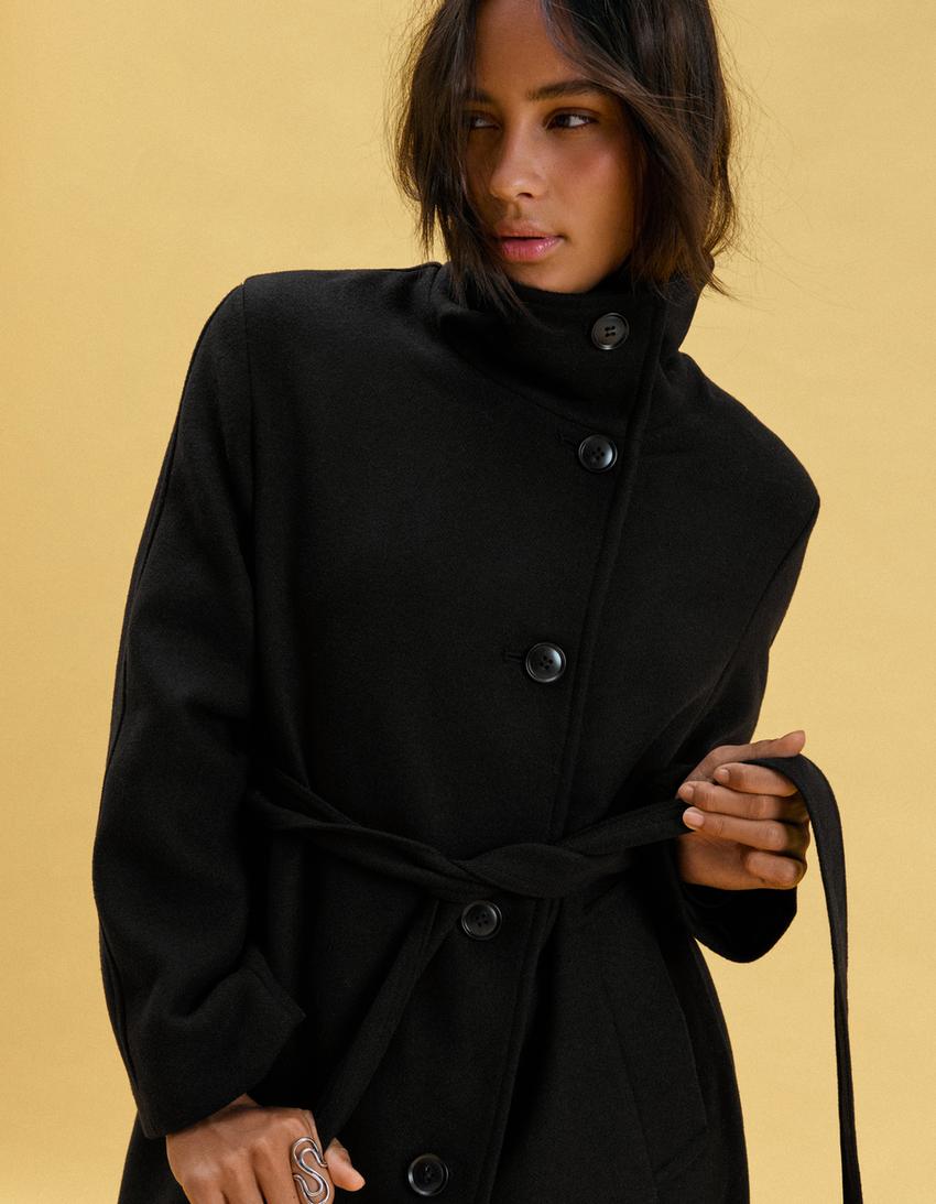 Long funnel neck belted coat-Black