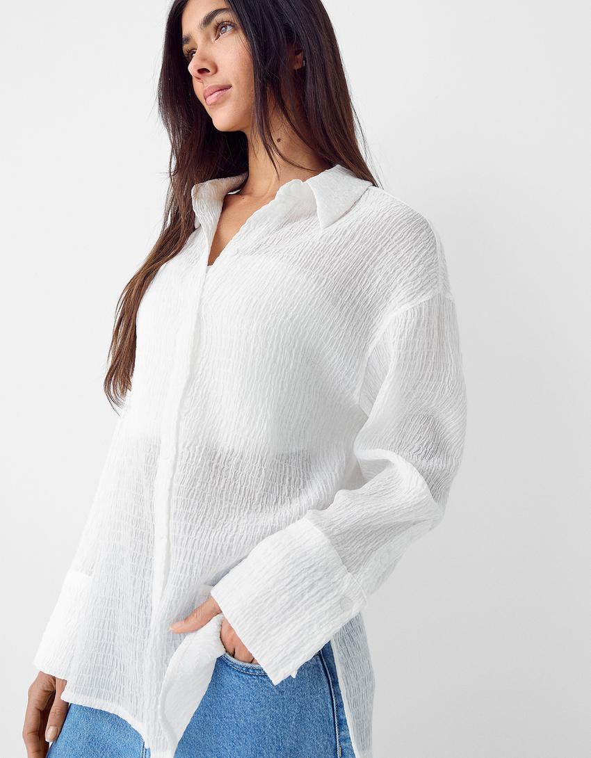 قميص فضفاض بملمس بارز وأكمام طويلة-أبيض-2