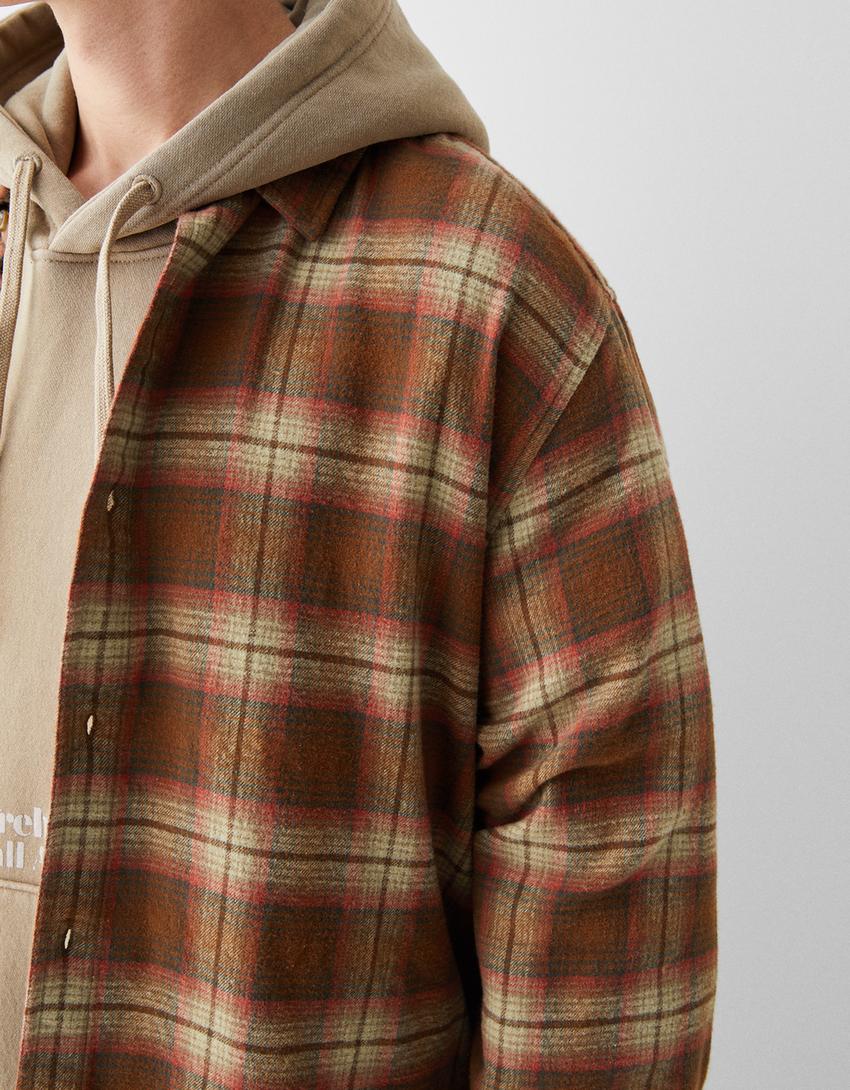 Cropped long sleeve check shirt-Brown
