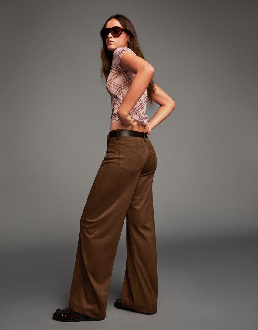 Wide leg broek van imitatiesuède-Bruin