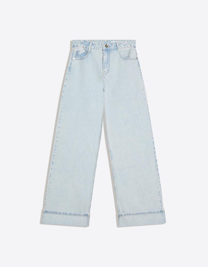 Jeans mit weitem Bein und Umschlag-Hellblau