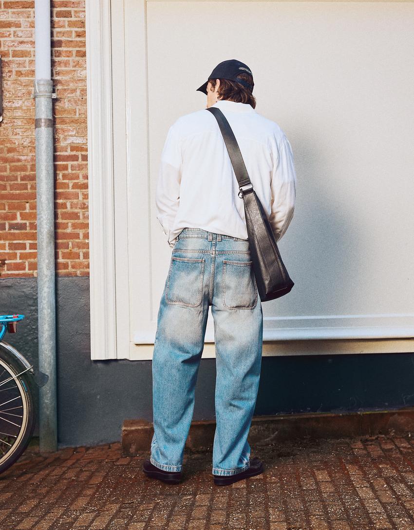Jeans barrel fit à boutons croisés-Bleu lavé