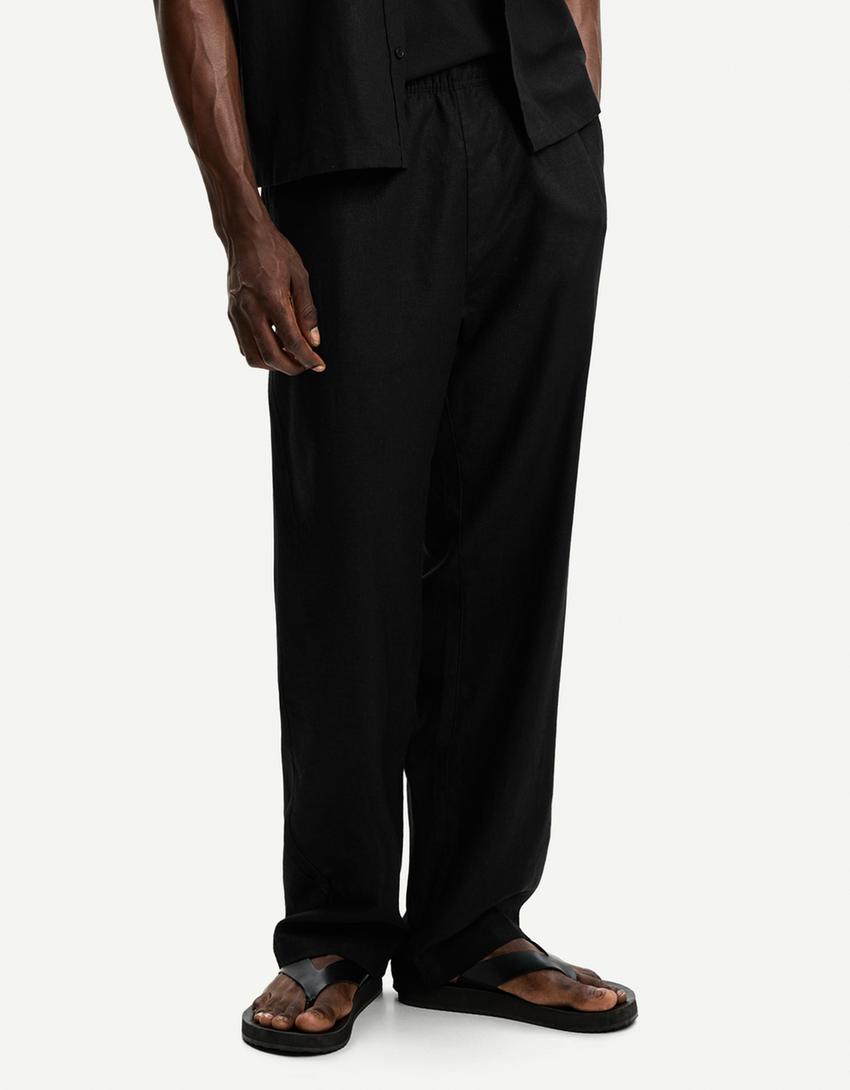 Pantalón wide leg jogger con lino-Negro-2