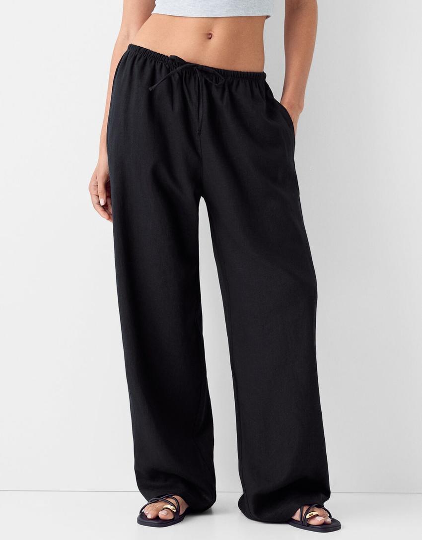 Straight-leg linen blend pants with an elastic waist-Black-1
