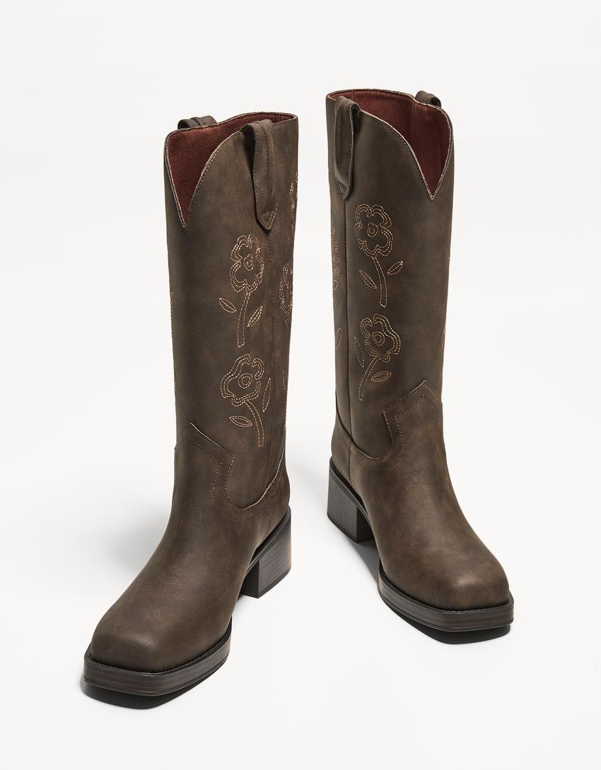 Bottes plates cowboy broderies-Marron-4