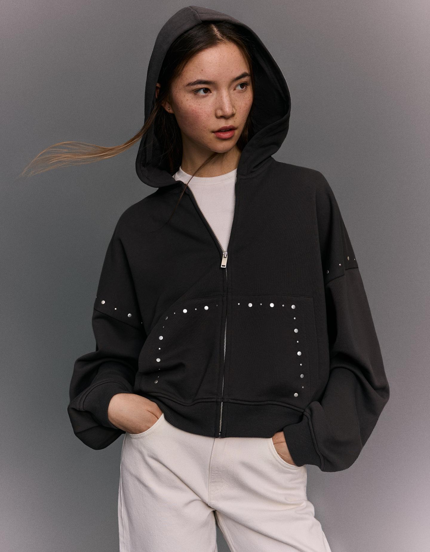 Bershka bluz aw paski z kapturem i suwakiem ciemnoszary