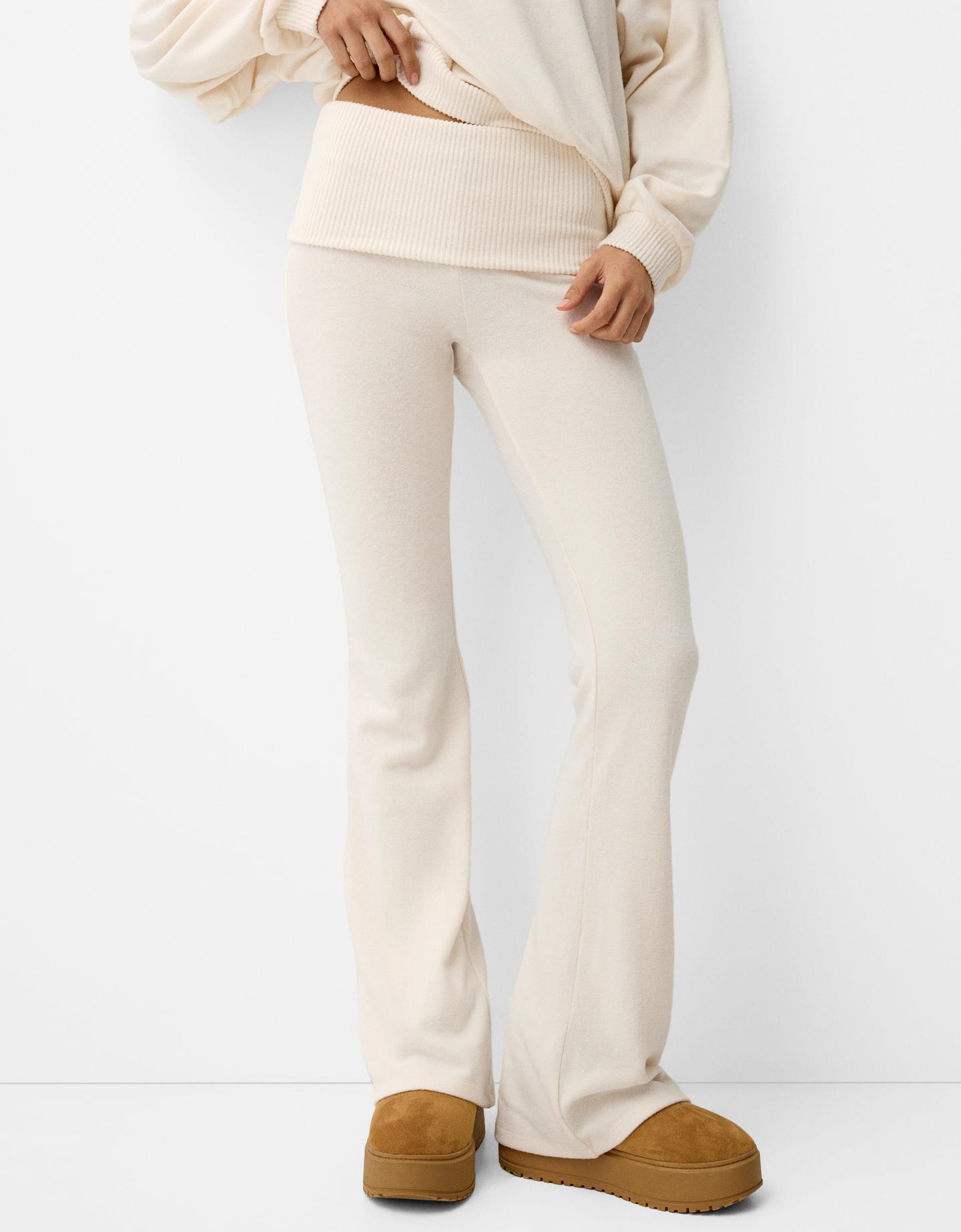 Bershka Pantalón Flare Cintura Vuelta Mujer 10-12 Crudo