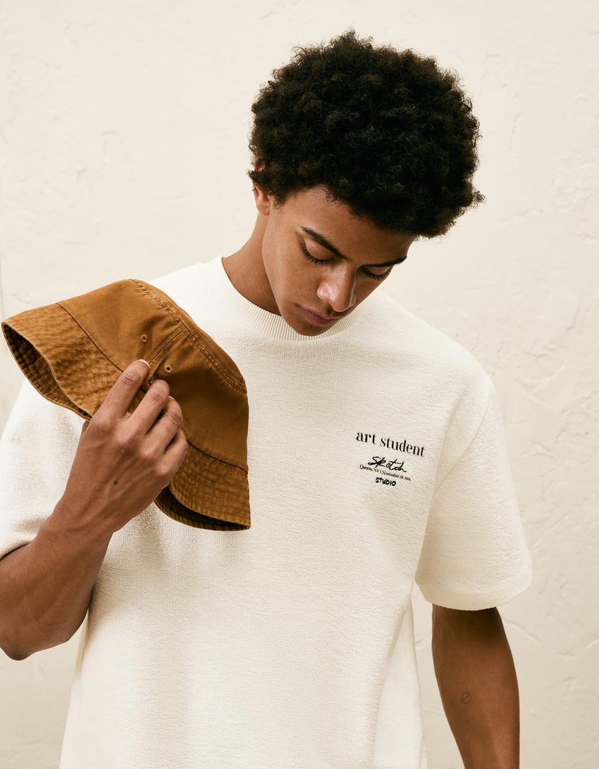 Kısa kollu desenli pamuklu t-shirt-Beyaz-3