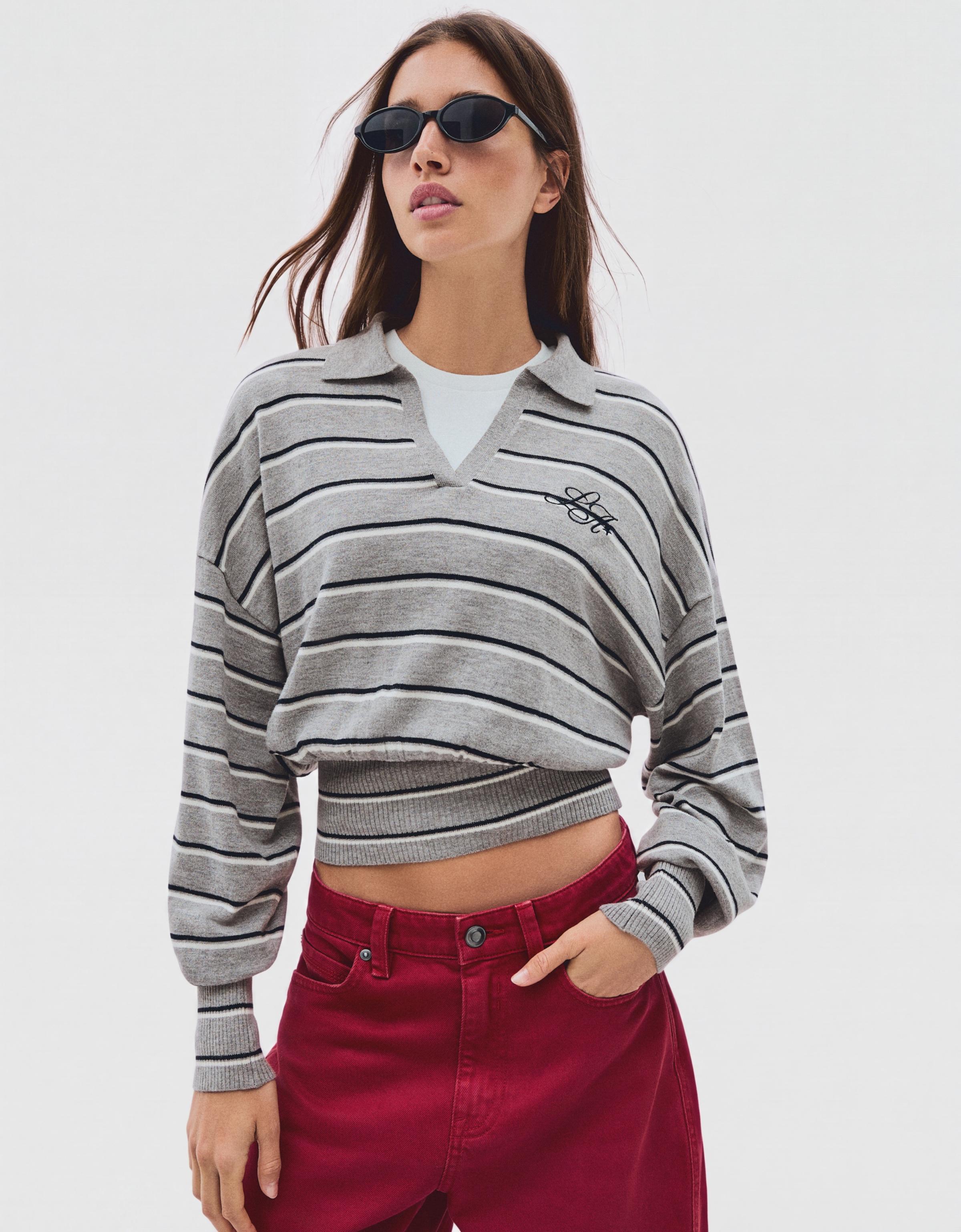Ribbed polo collar jumper — Grey