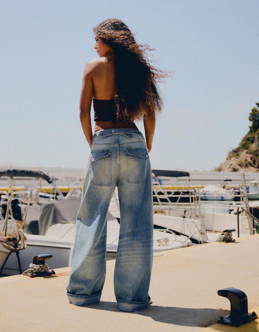 Distressed arkası tokalı balloon fit jean - Görsel 4