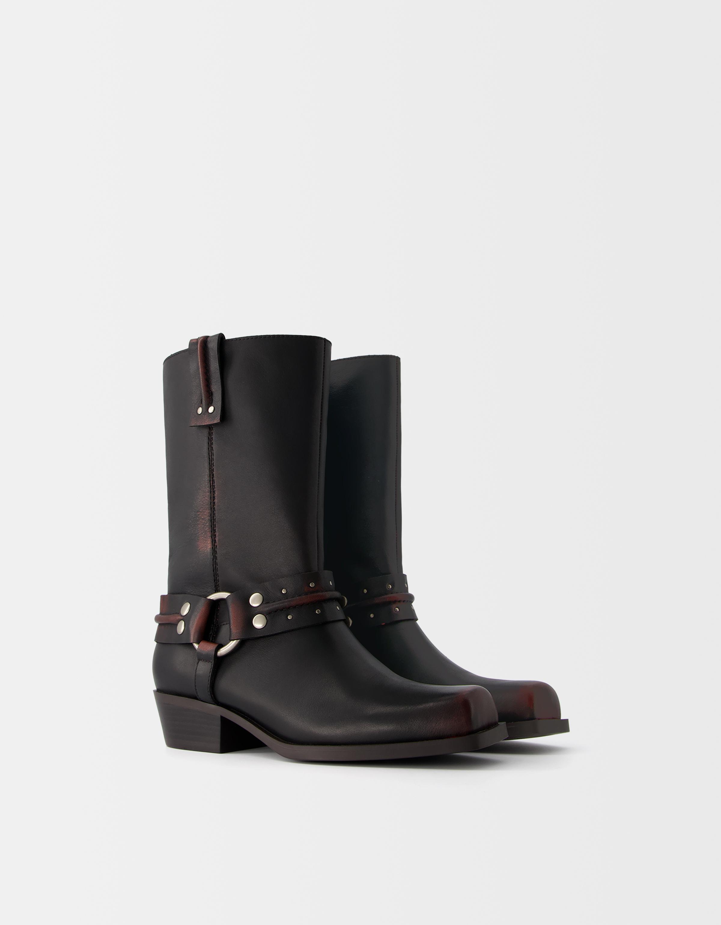 Flat LEATHER biker boots Women Bershka