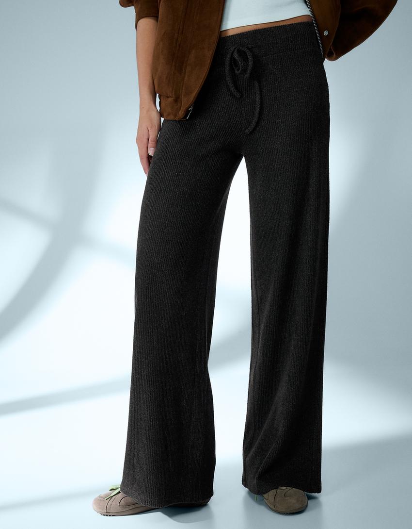 Rebraste pantalone širokih nogavica-Tamnosiva