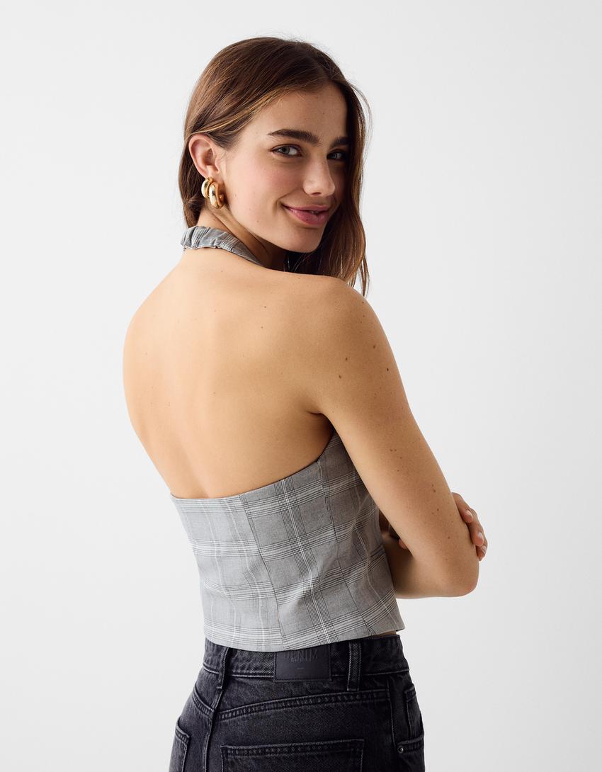 جاكيت فيست هالتر رسمي بطبعة مربعات-رمادي-2