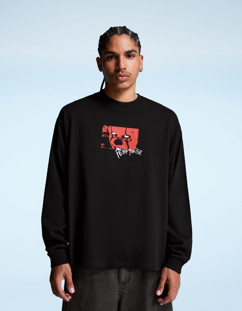 Långärmad t-shirt med tryck-Svart