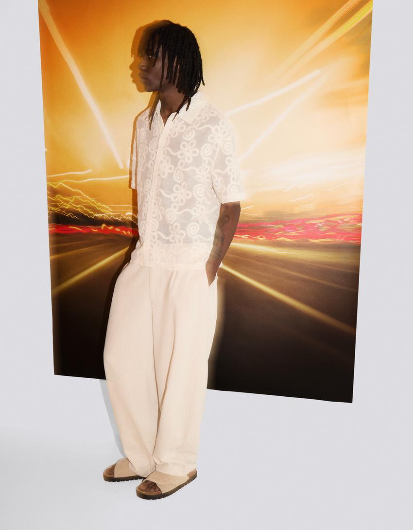 Chemise manches courtes texture florale-Blanc cassé-3