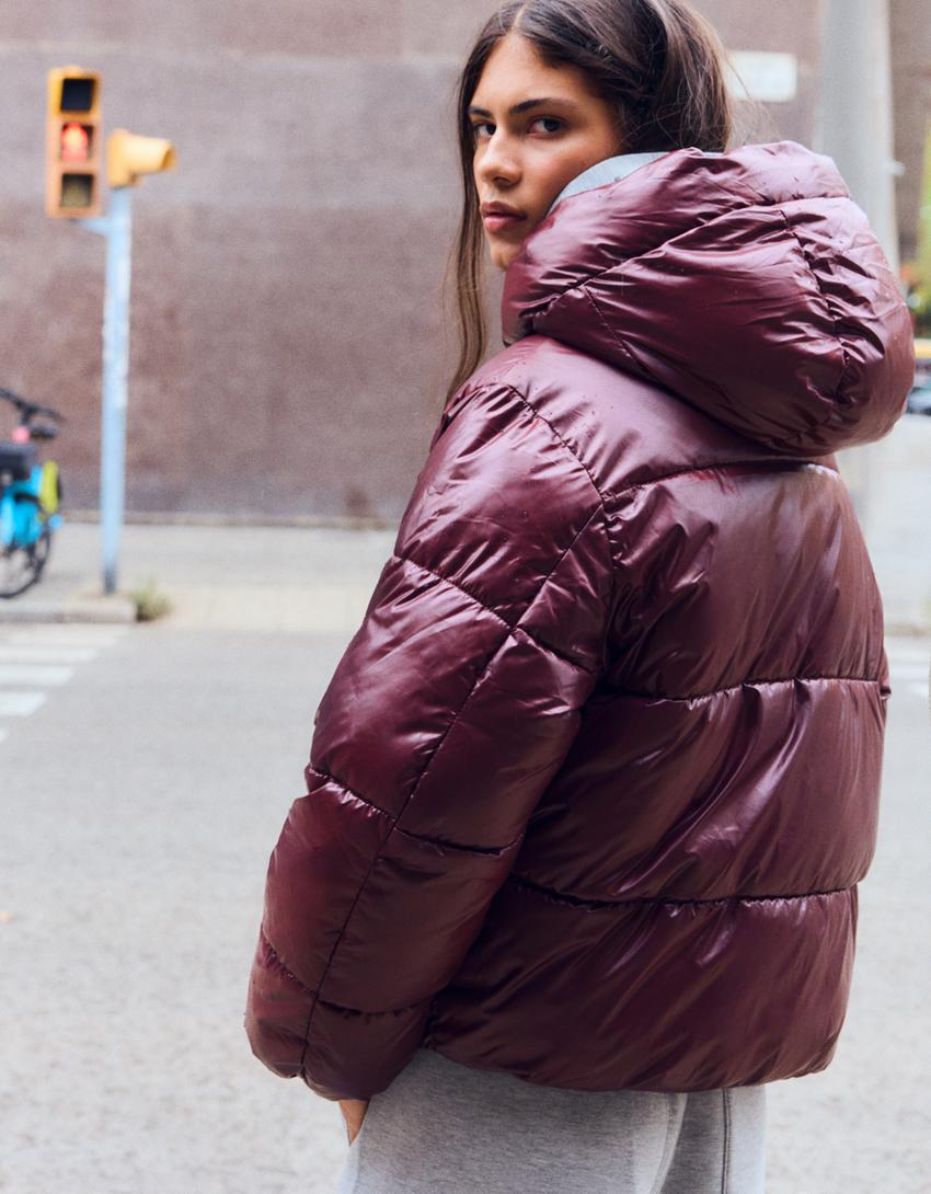 Oversize kapüşonlu dolgulu ceket-Bordo
