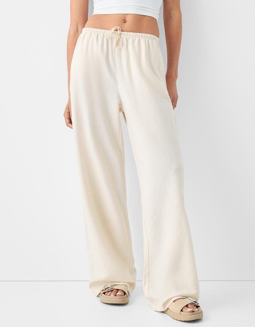 Straight-leg linen blend pants with an elastic waist-Sand-1