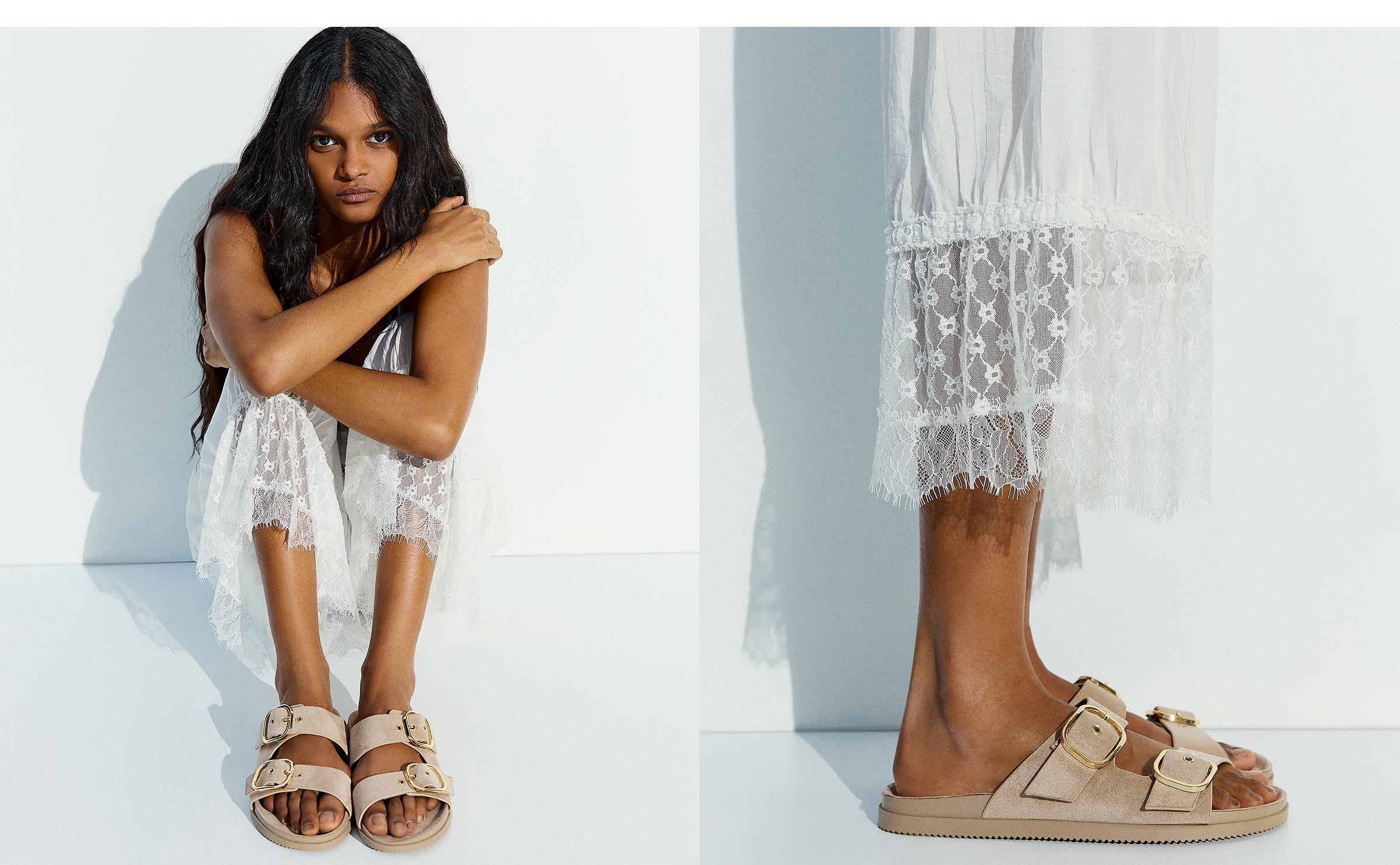 Buckled flat slider sandals — SAND
