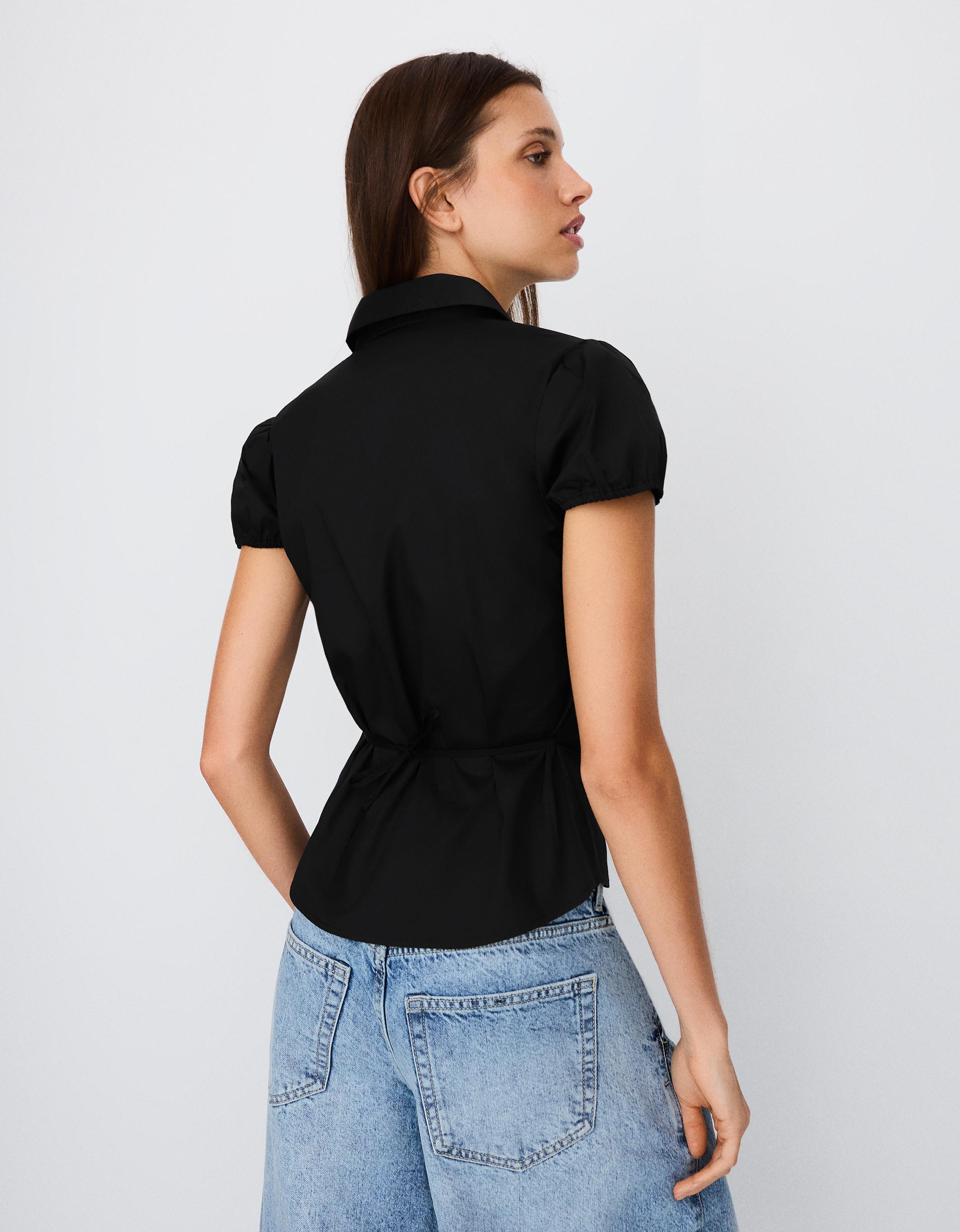 Short sleeve poplin tie-front shirt — Black