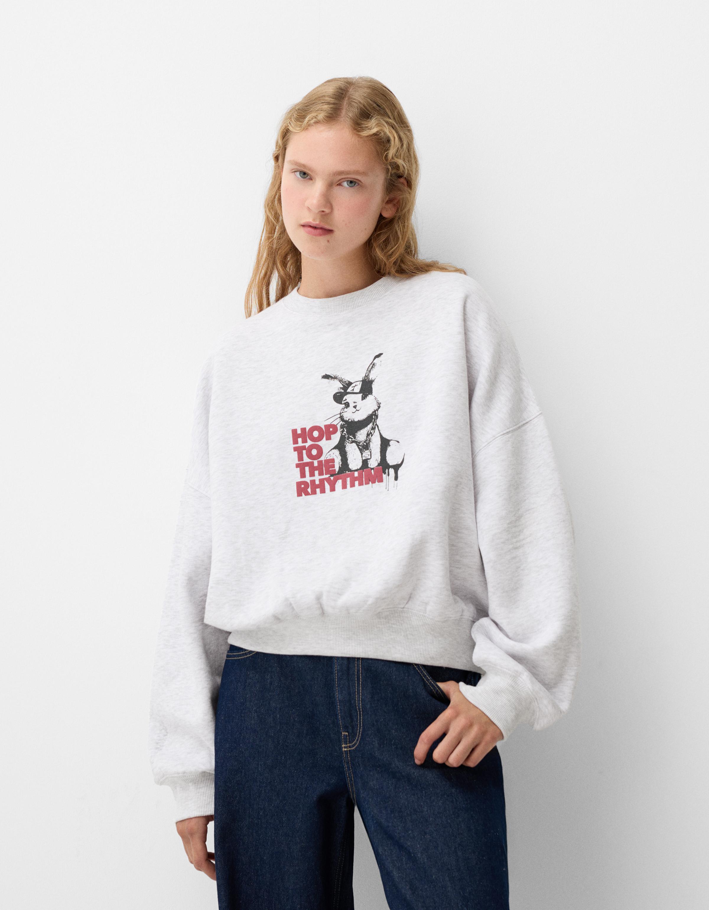 Bershka Sweatshirt Mit Print Damen L Grau