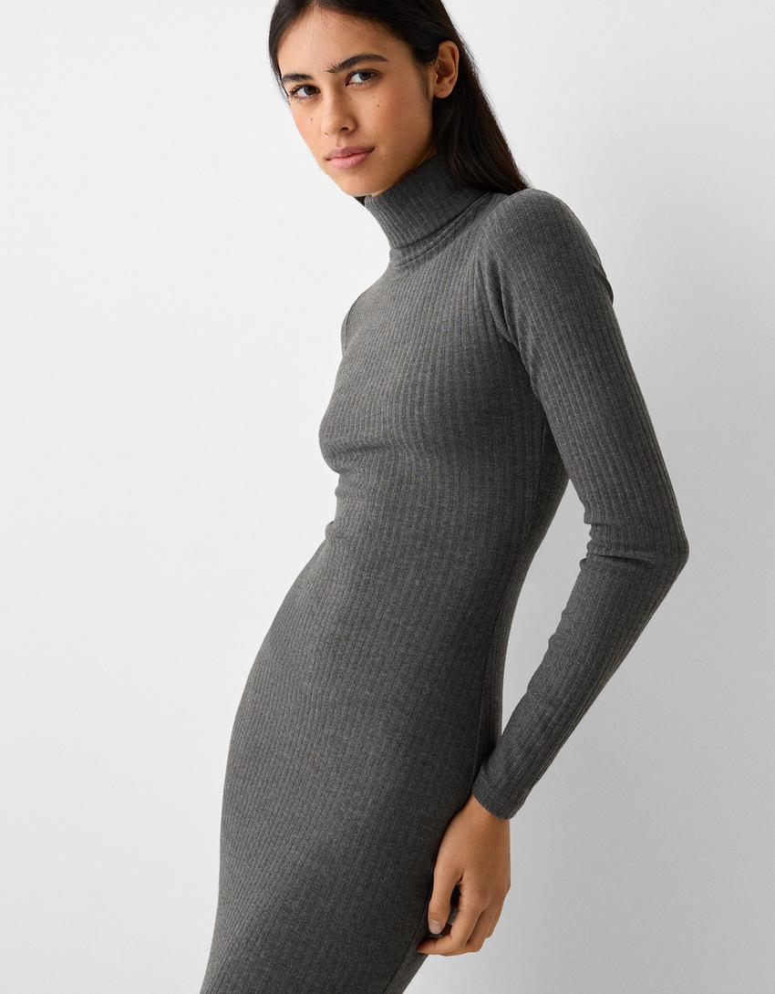 Ribbed knit high neck dress with long sleeves-Dark grey