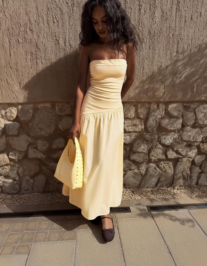 فستان ميدي بدون حمالات-أصفر