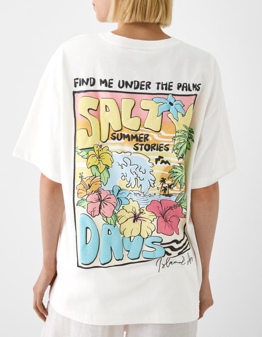 Desenli kısa kollu oversize t-shirt-Krem-7