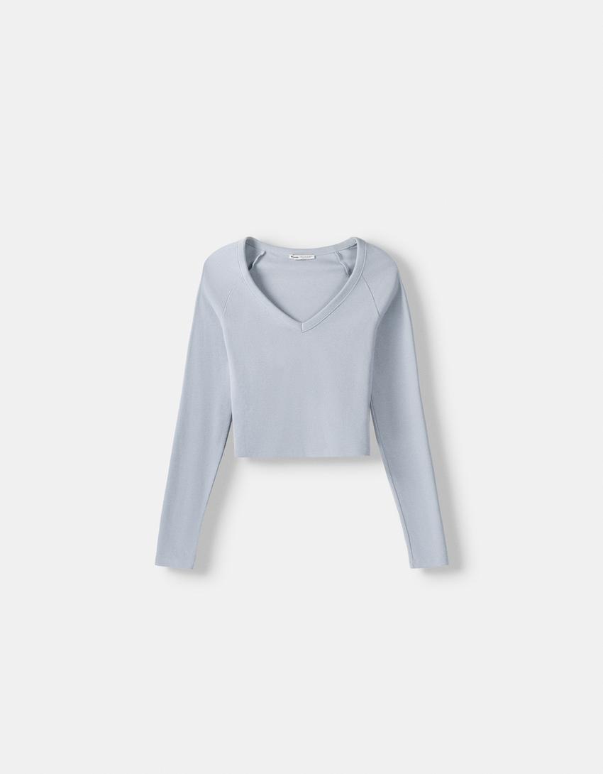 Top manches longues col en V-Bleu clair-4