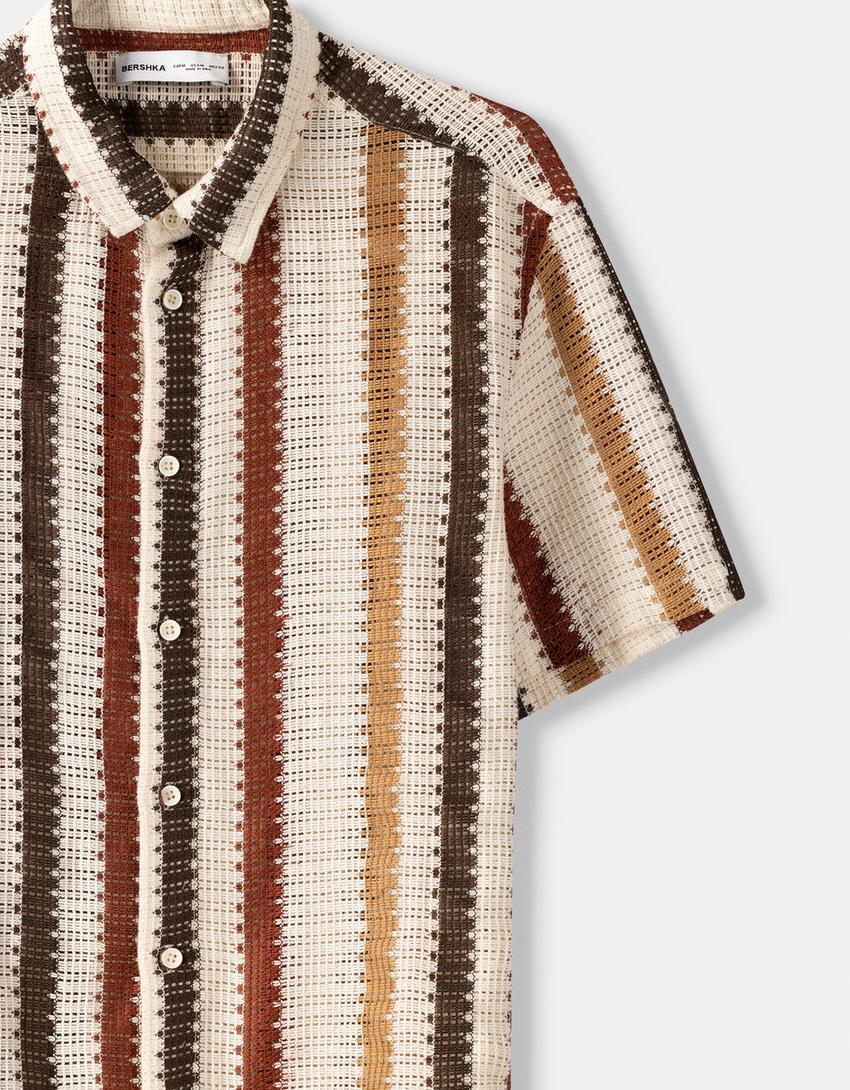 Chemise manches courtes crochet rayures-Écru-2