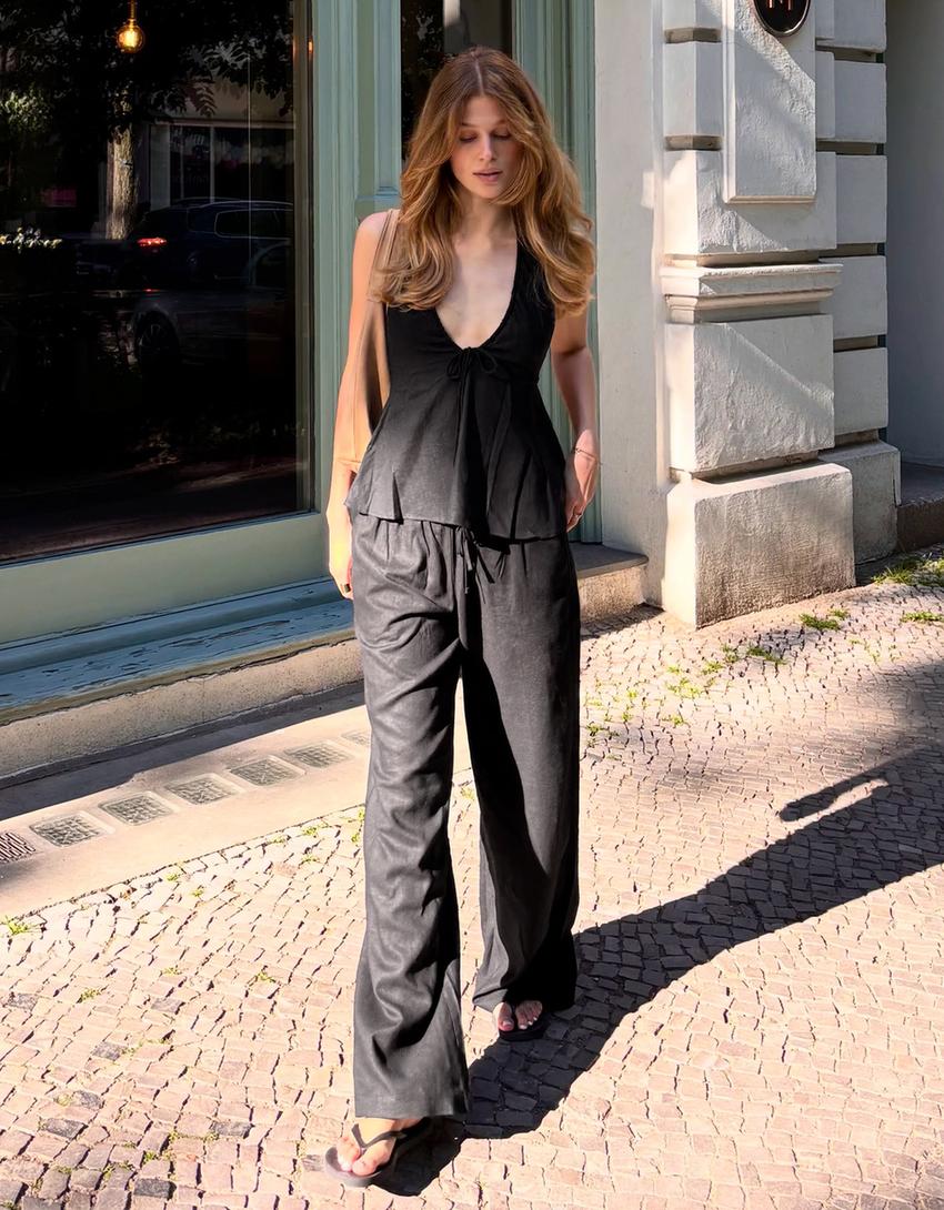 Broek met elastische tailleband-Zwart