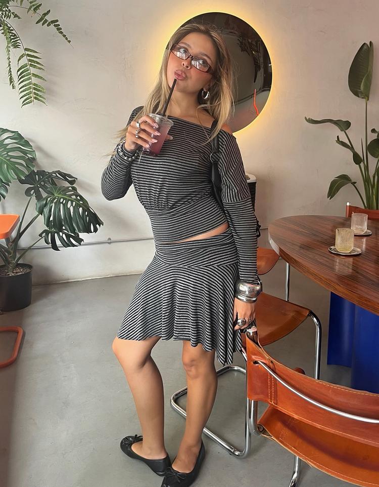 Striped asymmetric mini skirt