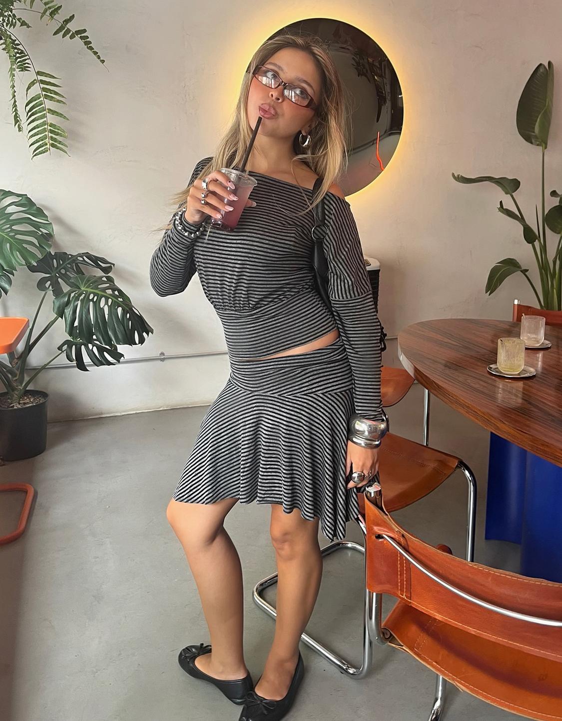 Striped asymmetric mini skirt