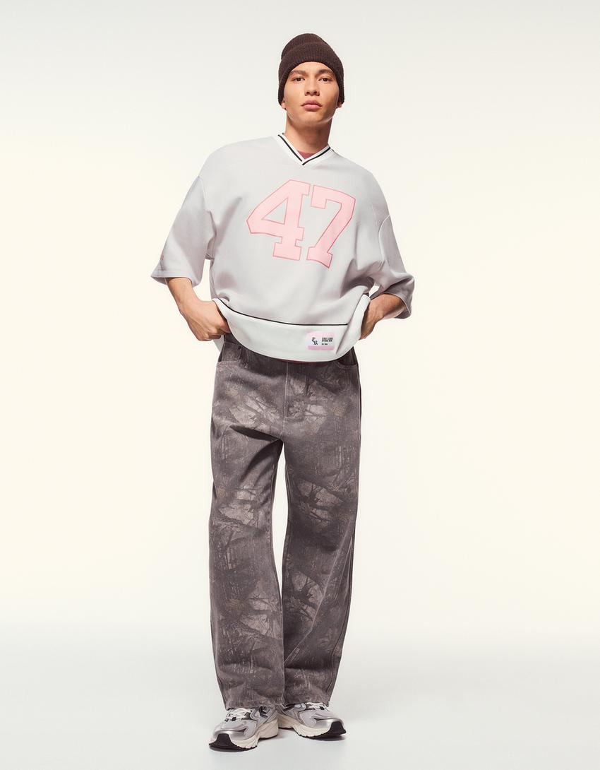 T-shirt met korte mouw en sportprint-Grijs