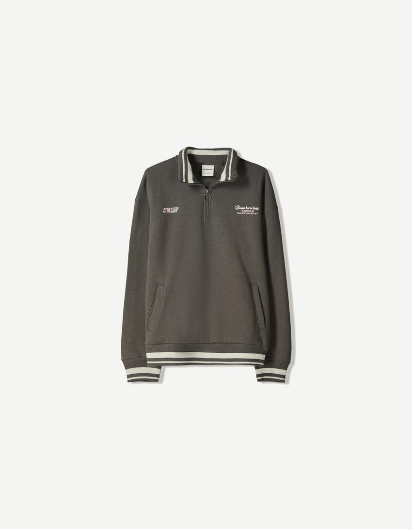 Baskılı fermuarlı sweatshirt-Gri-4