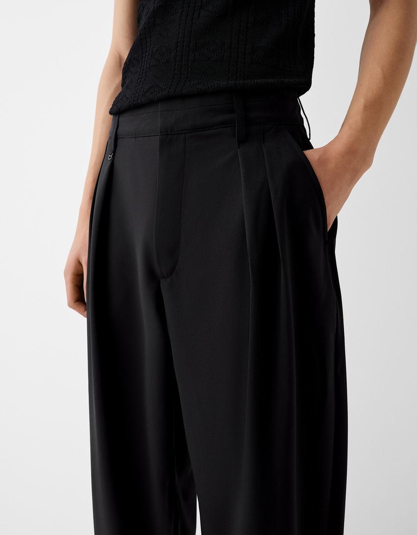 Pantalon tailoring pinces mélange de laine-Noir-3