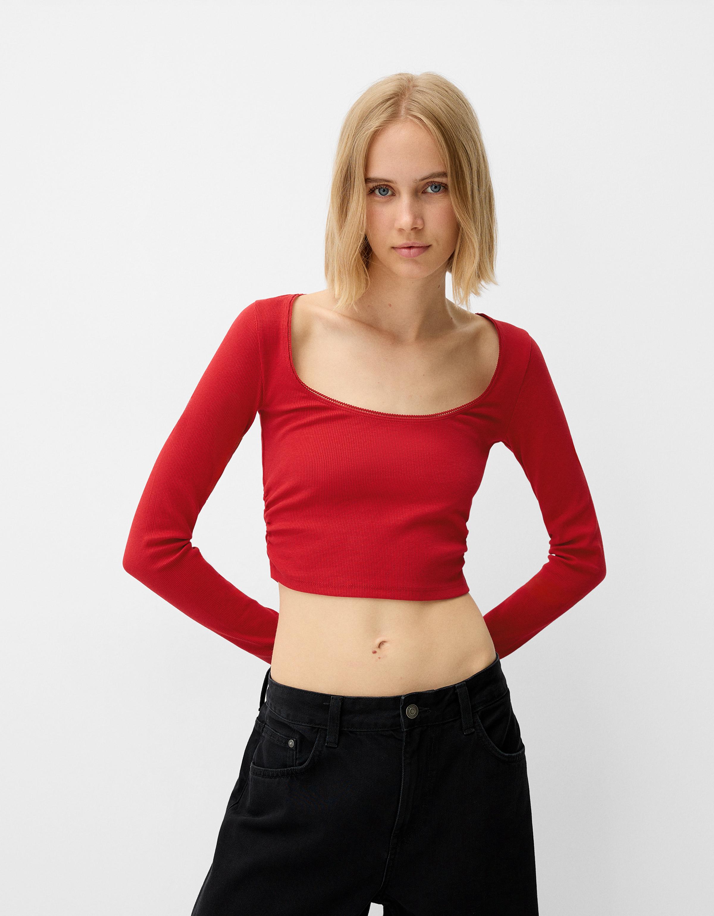 Bershka Body Mit Langen Ärmeln Und Seitlicher Raffung Damen Xs Rot