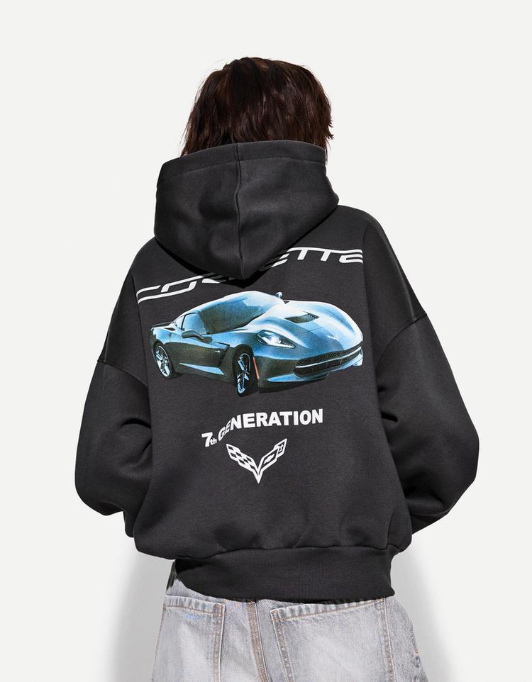 Corvette baskılı ve kapüşonlu sweatshirt