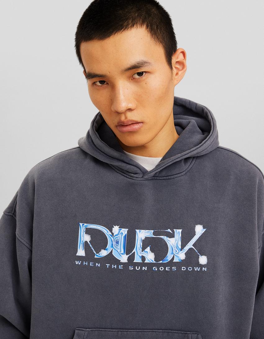 Sudadera capucha cropped efecto lavado print-Gris-2