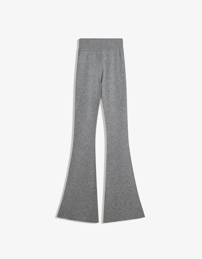 Pantalón flare cintura canelada-Gris