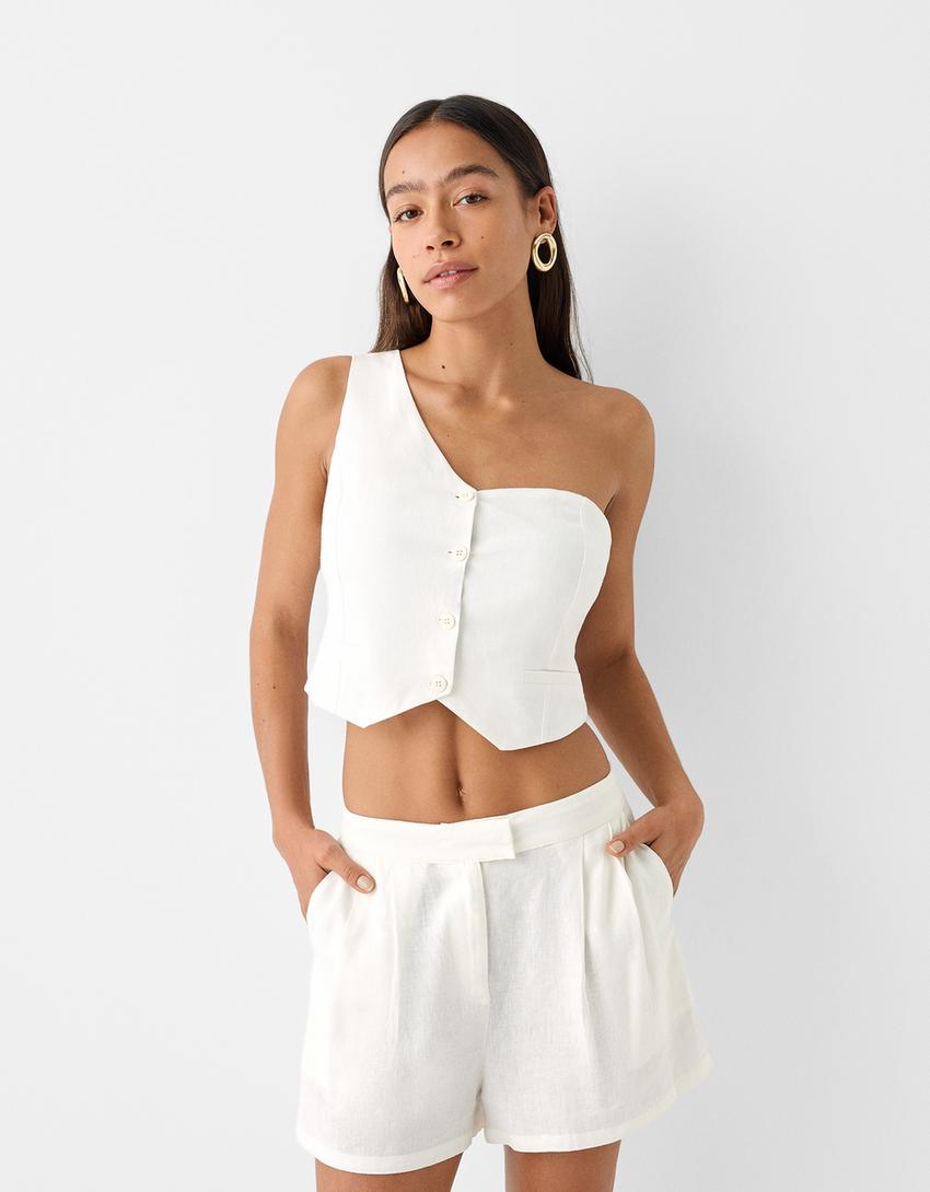Darted Bermuda shorts with linen-Off white