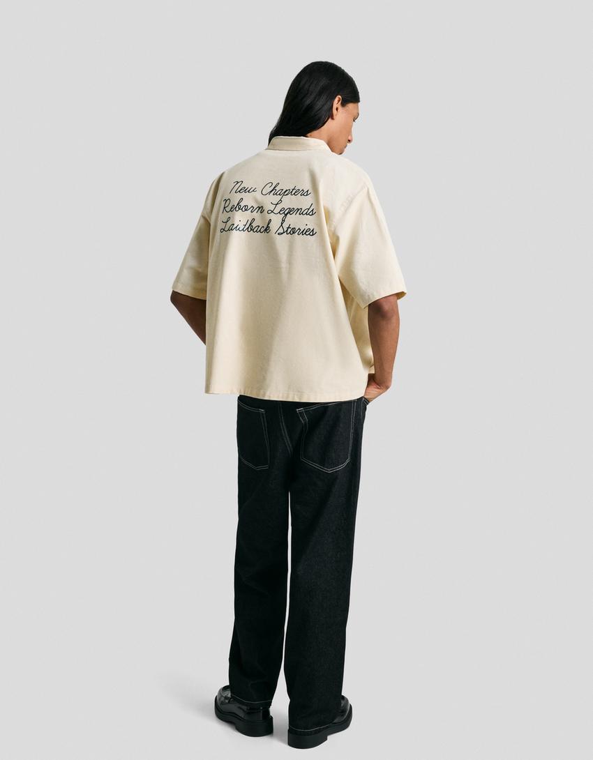 Short-sleeve embroidered corduroy shirt-Cream